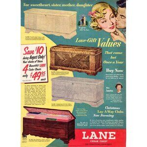 1950 Lane Furniture Cedar Chest Vintage Print Ad Wedding Gift Housewife Wall Art